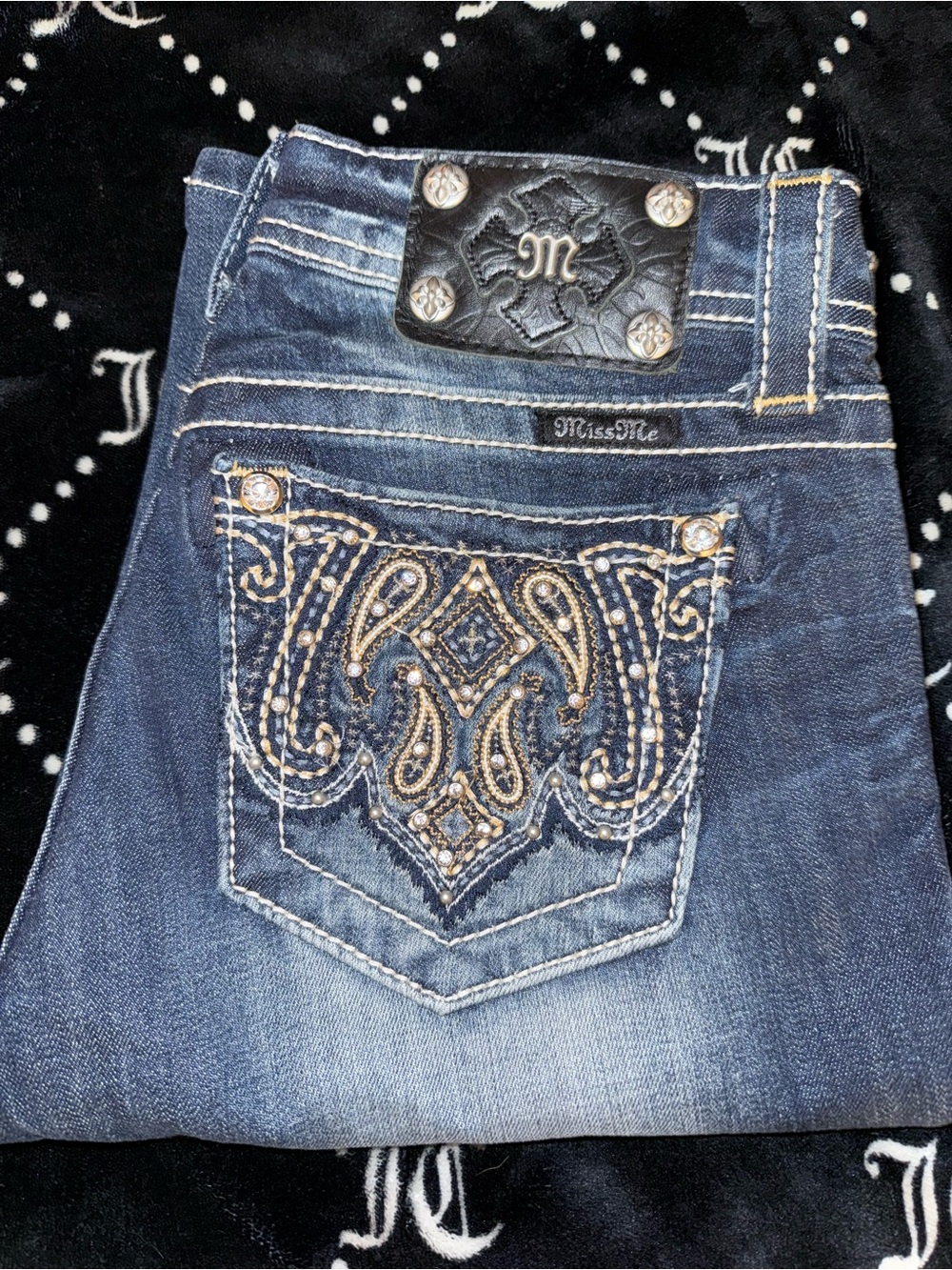 Miss Me Indigo Bootcut Jeans with Gold Accent Embroidery